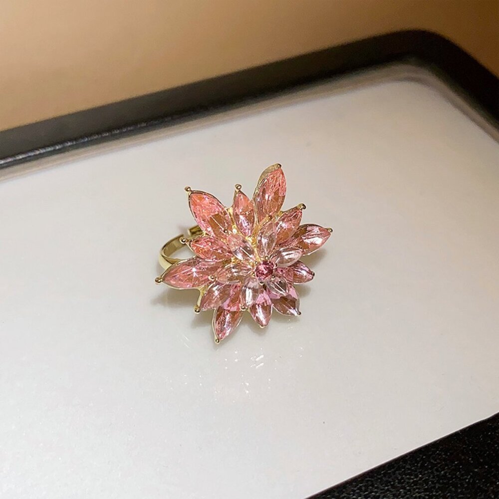 Women’s Adjustable Large Pink Flower Ring with Zircon Stones Elegant Statement